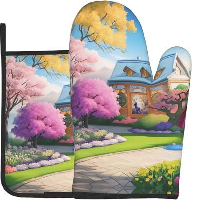 WZYWHJ Ofenhandschuhe und Topflappen mit Einhorn-Märchenbild, Set zum Kochen, Mikrowelle, Grillen – mit Schlüsselband-Design