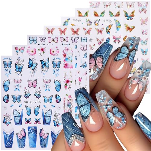 GZMAYUEN Schmetterling Nagel Aufkleber 7Pcs Blume Nail Art Aufkleber 3D Selbstklebende Nagel Aufkleber Bunte Schmetterling Pfirsichblüte Blütenblätter Nail Design für Frauen Mädchen DIY Maniküre