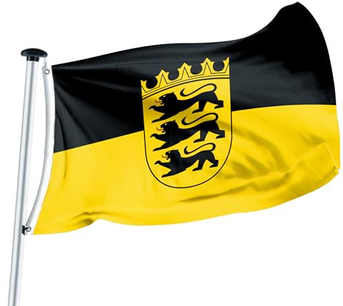 FLAGLY Premium Flagge Baden-Württemberg – MADE IN GERMANY - mit oder ohne Wappen – hochwertige Flagge in verschiedenen Größen & Formaten (Hochformat & Querformat) – witterungsbeständig