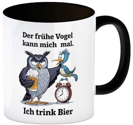 Graue Eule mit Bierkrug - Der frühe Vogel kann mich mal Kaffeebecher in schwarz Humorvolle Tasse für Kaffeeliebhaber und Eulenfans