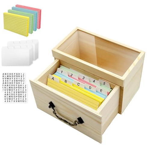 Daily Treasures Karteikarten-Set aus Holz, 200 farbige Karteikarten (12,7 x 7,6 cm) & 10 Karten-Trennwände und 2 Aufkleber-Etiketten, Karteikarten-Organizer mit transparenter Oberseite, ausziehbares