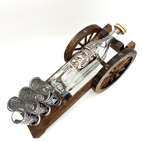 Rustic Wooden Cart Tequila Bottle Holder, 4-Bottle - Tequila Rack, Cart Display Stand