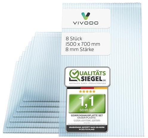 Vivodo Gewächshausplatten 8 Stk. | Hohlkammerplatten Doppelstegplatten 8mm | Platten für Gewächshaus | 700 x 1500 mm