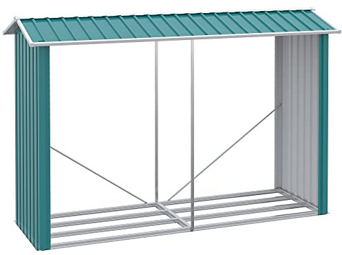Outsunny Leñero Exterior de Acero Galvanizado Soporte para Leña Cobertizo de Almacenamiento de Troncos con Techo para Jardín Terraza Patio 240x86x160 cm Verde