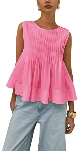 Damen Sommerbluse mit plissiertem Schößchen, ärmellos, Tank-Top, Rundhalsausschnitt, Y2K, Babydoll-Bluse, Shirts, rose, XL