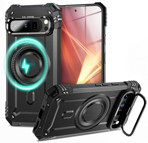NALIA Magnetische Panzerhülle für Google Pixel 9 Pro XL - Hülle | Vulkanschwarz, Massiver Metallrahmen um die Linsen, Texturierte Griffseiten, Federnder Hybrid-Kern, Direkte Druckpunkte
