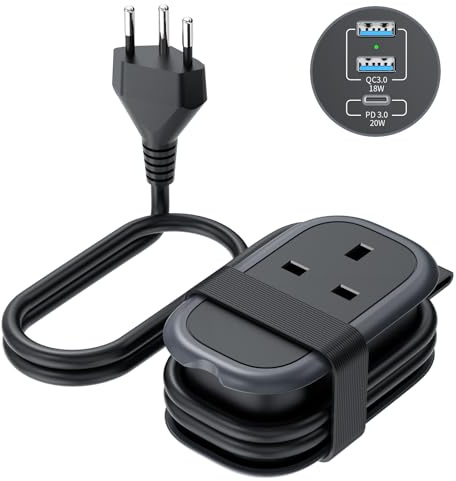 TOPREK Switzerland Plug Adapter with 1.06M Lead, PD 38W Fast Charging with 2 USB-A and 1 USB-C UK to Swiss Plug Adapter for Switzerland, Jordan, Liechtenstein, Rwanda, (Type J)