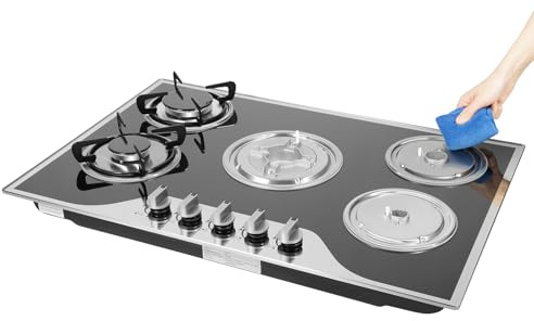 5-Flammig Gaskochfeld mit WOK-Brenner｜Schwarzes beschichtetes Glas (7mm)｜Einbau/Standalone für Erdgas & LPG｜10500W Gasherd 77cm｜DIN EN 30-2-1 konform