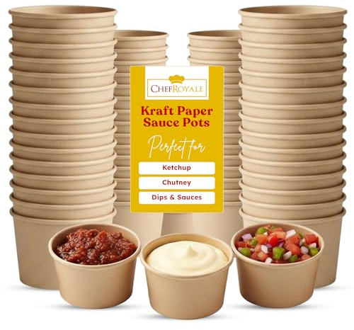 CHEF ROYALE 100x 2oz Sauce Pots - Kraft Small Pots Round Containers Ideal for Ketchup, Chutney, Dips and Sauces (60ml)