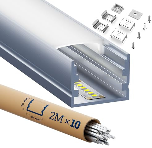 LED Profil 2m×10pc Aluminium U-Form mit Milchig Weißer Abdeckung Kanal Diffusor Alu Profil LED leisten Schienen kanalleiste Aluprofil Streifen Profile lichtkanal led Strip aluschiene unterputzprofil