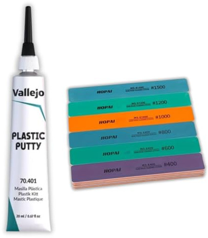 Vallejo Plastic Putty Modelling Set Bundled with Sanding Sticks, Plastic Filler Repair Kit for Scale Models, Miniatures, DIY Surface Finishing Putty Filler Tools