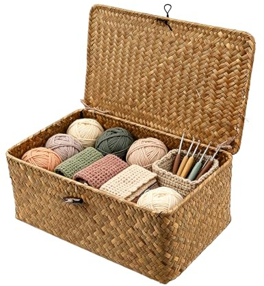 Aufbewahrungskorb groß aus geflochtenem Rattan – Seegras Korb mit Deckel, handgeflochten, mit stabilem Drahtgestell, Wäschekörbe, Körbe & Aufbewahrungsbox Badezimmer, Schlafzimmer, Wohnzimmer(L)
