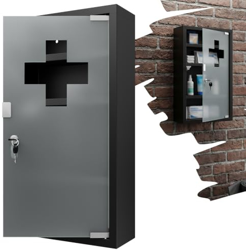 YRHome Medizinschrank aus Edelstahl 4 Fächer mit Glas Tür und Schloss abschließbar Arzneischrank Medikamentenschrank Erste Hilfe Schrank Hausapotheke Schrank 57,5 x 30 x 12 cm - Schwarz