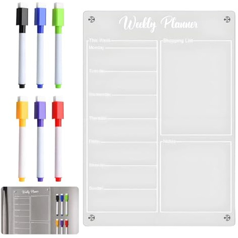Clear Acrylic Magnetic Weekly Planner,Fridge Meal Planner Board with 6 Markers & Eraser, 8 × 12 Fridge Planners Magnetic for Menu, Shopping List and Family Organization