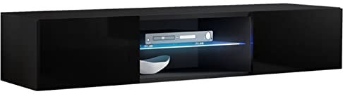 MB Muebles Bonitos, Meuble TV Mural Tibi avec Lumière LED pour Salon Moderne, Suspendu au Mur, 1 Porte 3 Compartiments, Couleur Noir, 160x30x38.5 cm