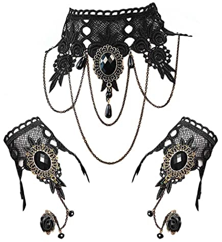 Jurxy Gotisch Choker Halskette Armbänder Schmuck 3 PCS Halsband Ketten Victorian Steampunk Retro Zahnräder Spitze Vampir Armband für Halloween Ostern Lolita Spitze Schwarz Geschenk
