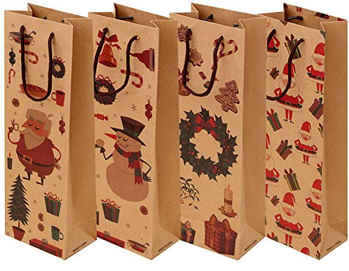 Pack of 12 Kraft Paper Wine Bags, Wine Gift Bags for Spirits Whisky Wine Bags, Brown Shopping Bags with Handle, Perfect for Christmas Parties, Home Warming, Birthday