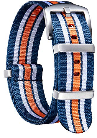 BINLUN Nylon Watch Straps Thick G10 Premium Ballistic Multicolor Replacement Watch Bands with Silver/Black Stainless Steel Buckle for Men Women 18mm 20mm 22mm 24mm（Blue&White&Orange，20mm）