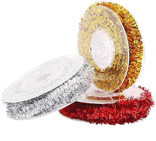 CCINEE Lametta-Drahtgirlande, Weihnachts-Lametta-Band mit 3 Farben, für Weihnachtsbaum-Dekoration, DIY, Basteln, 5 m, 3 Stück