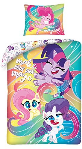 Halantex - MLP-2005BL - Bettwäsche-Set My Little Pony Friendship Freundschaft mit wendbarem Beutel Bettbezug und Kissenbezug - Mehrfarbig - 100% Baumwolle - 140 x 200 cm + 70 x 90 cm