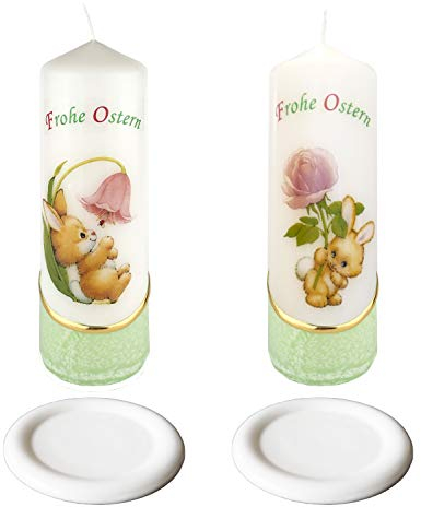 AUSWAHL * 2 Stück Osterkerze Stumpenkerze Osterdeko * 6 x 18 cm * inkl. 2 Kerzenuntersetzer aus Keramik * mit farbigen Wachs- und Bildauflagen * AUSWAHL Motiv + Farbe * grün * (Serie 1 - Set 01/16)