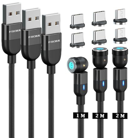 P-TECHUK 540° Fast Charging Magnetic data Cable, Magnetic Charging Cable. Type C and Micro Usb connectors - A17 Black (1M 2M 2M Cables, 6 tips)