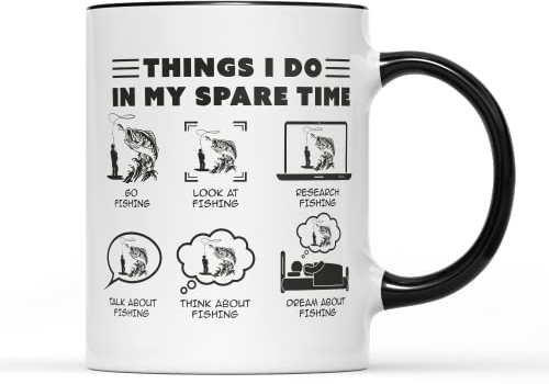 in My Spare Time Fishing Mug - Funny Fun Novlety Gifts Present Ideas Men Dad Grandad Fish Carp Trout Angling Net Sport Camping Accessories Ceramic Coffee Tea Cup (Black Handle Prime)