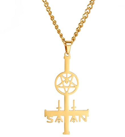 VASSAGO Siegel des Satanischen Halskette Edelstahl Leviathan Kreuz Lucifer Devil Anhänger Inverted Pentagramm Schmuck für Männer Frauen, Edelstahl, Kein Edelstein