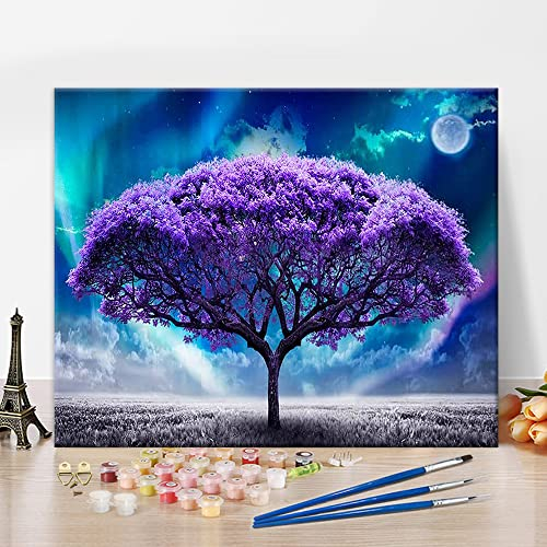 TISHIRON Malen nach Zahlen Kits, Aurora Malen nach Zahlen für Erwachsene Anfänger, DIY lila Baum Landschaft Boho Malen nach Zahlen, 16x20 Zoll Malen nach Zahlen für Home Decoration ohne Rahmen