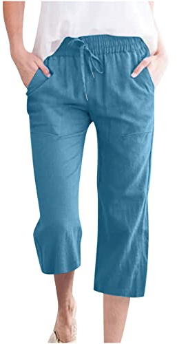 oglccg Womens Capris Trousers 3/4 Pants Cotton Linen Elastic High Waist Cropped Drawstring Summer Autumn Solid Color Pockets Loose Straight Wide Leg Work Outdoor Plus Size 8-18, Dark Blue, XL