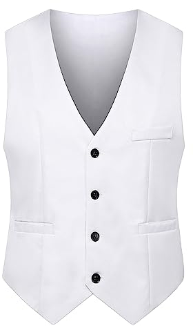 Yming Herren V-Ausschnitt Weste mit Knöpfen Solid Color Tops Weste Steampunk Weste mit Taschen Weiß XXS