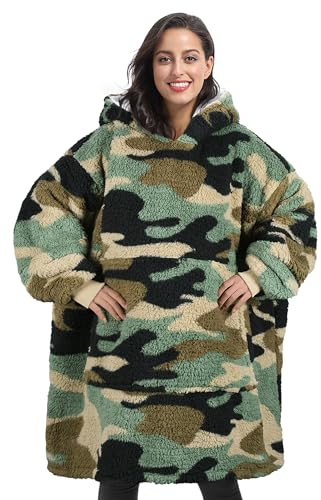 Catalonia Classy Übergroße Sherpa Camouflage Hoodie Decke, Flauschige Warme Oversized Kuscheldecke mit Ärmeln und Kapuze, Tragbare Decke zum Anziehen als Geschenkidee für Damen Herren