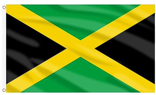 Ahfulife Bandera de Jamaica 90cm x 150cm(3ft x 5ft), 1pcs Bandera Jamaicana con Agujeros de Latón en Ambos Lados, Decoración Día Nacional Callejeras Jardin Escuela Barra Fiesta