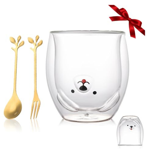 Yuragim Süße Tasse Kawaii Bär Becher Doppelwandige Isolierglas Gläser Trinkgläser Kaffeetasse Teegläser Espressotassen Persönlichen Geburtstagsgeschenke Ideen Weihnachten Geschenk für Frauen und Büro
