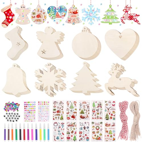 Yotako Weihnachtsbaum Deko Holz, 254 Stück Bemalen Holz Anhänger Weihnachten Kinder, Weihnachtsdeko Holz Bastelset, Holzanhänger Christbaumschmuck, Ornamenten für Weihnachtsbaum Geschenkanhänger