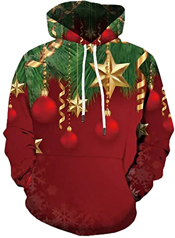 IQYU Hoodie Rot Herren Männlich Herbst und Winter Freizeit Reisen Sport Weihnachten Print Slim Fit Kapuzen Langarm Pullover Top mit Tasche Hoodie Man (Y, S)