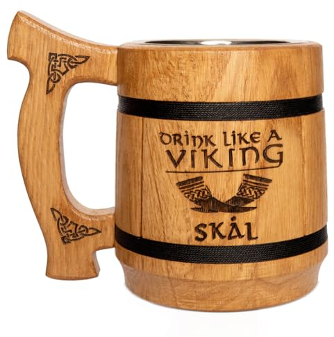 TESLYAR Wikinger Kelch - Bierkrug aus Holz, Wikinger Tasse, Bier Geschenk, Wikinger Trinkbecher, Becher Wikinger, Holzbecher, Bierkrüge, Maßkrug, Mittelalter Geschenke, Holzbierkrüge | Bier Geschenk