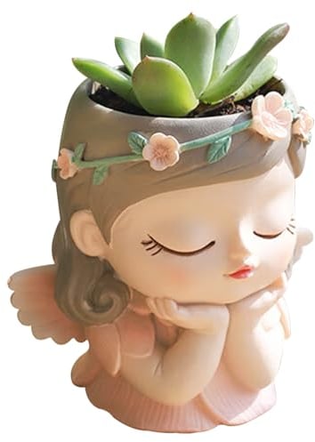 Domigard Cute Girl Succulent Planter Pots, Closed Eyes Resin Cactus Planter Drainage Hole, Small Plant Pots for Indoor Outdoor Plants, Great for Home Office Decor - Pink
