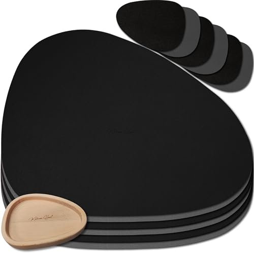 Mahewa® 6er Set Premium Tischset aus Kunstleder - Platzset abwaschbar und wasserdicht - Platzdeckchen Telleruntersetzer in Lederoptik (Dunkelgrau/Schwarz, Oval mit Halter)
