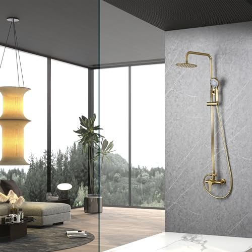 IMEX - Columna Ducha Oro Cepillado con Grifo | Kit de Ducha Monomando con Alcachofa y Rociador Antical | Griferia en Latón y Acero Inox S.304 con Barra Extensible | Serie Roma