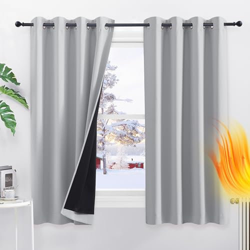 PONY DANCE 100% Blackout Curtains - Curtain Thermal with Black Liner Noise Reducing Home Décor Window for Bedroom Kitchen, Panels with Eyelets, 2 Panels, 52x63 inch, Silver Grey