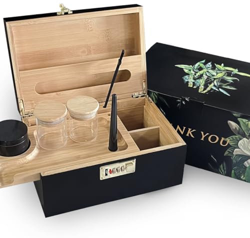 IXIGER Caja de almacenamiento, juego de bandejas rodantes, caja rodante de bambú, para almacenar todos tus accesorios de fumar, con bandeja para liar cigarrillos, tarro de vidrio (2 piezas), papel