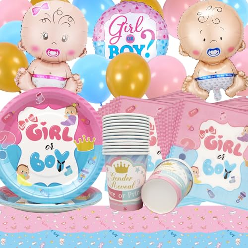 Doyomtoy Gender Reveal Dekoration,68pcs Gender Reveal Partygeschirr,Boy or Girl Teller Party Geschirrset-Reveal Ballon Party Teller Tassen Servietten und Tischdecke,Babyparty Party Zubehör Supplies