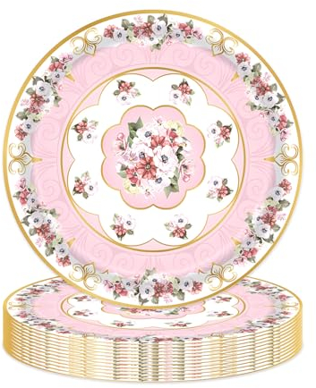 TOPWAYS Afternoon Tea Disposable Paper Party Plates, Floral Paper Disposable Plates for for Afternoon Tea Garden Party Mother's Day Decorations Baby Shower Wedding Anniversary (Plates 7inch 24pcs) 