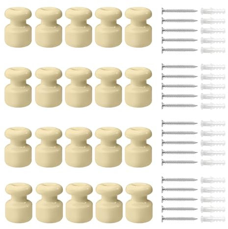QuirkLz Utilizzati come isolatori per Cavi Trecciati fai-da-te, isolatori in ceramica vintage, set da 20 pezzi, color crema, Ø18 millimetri, inclusi viti e tasselli di ancoraggio