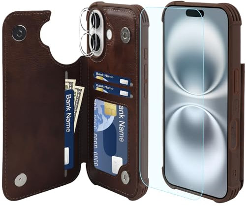 VANAVAGY Compatible for iPhone 16 Plus Wallet Case with Credit Card Holder,Rfid Leather Flip Folio Phone Cover Fits Magnetic Car Mount and Stand with Screen Camera Protector,brown