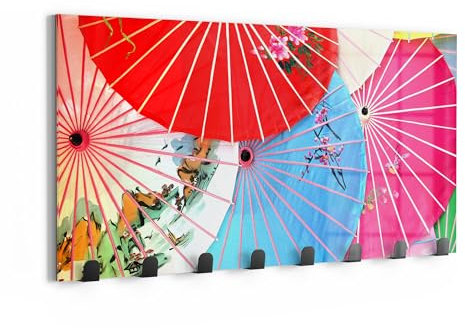 DEQORI Wandgarderobe Glas & Metall | Motiv Bunte Schirmvielfalt | 60x30 cm | Design Haken-Leiste modern | Garderoben-Paneel für Flur, Wohnzimmer & Schlafzimmer | magnetisch & beschreibbar