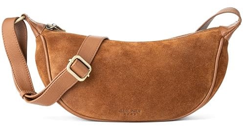Berliner Bags Premium Borsa a Tracolla Luna, Piccola Mezzaluna in Pelle Scamosciata, con Cerniera, per Donna - Marrone