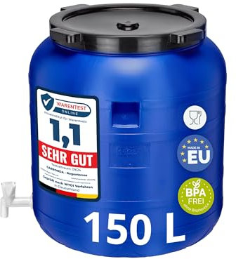 Garronda 150 Liter Weithalsfass BPA-frei Futtertonne Fass mit Hahn Universalfass Lebensmittel Fass Regenfass für Garten Regentonne mit Deckel Regenwassertonne für Garten Wassertonne GD-0092, Blau