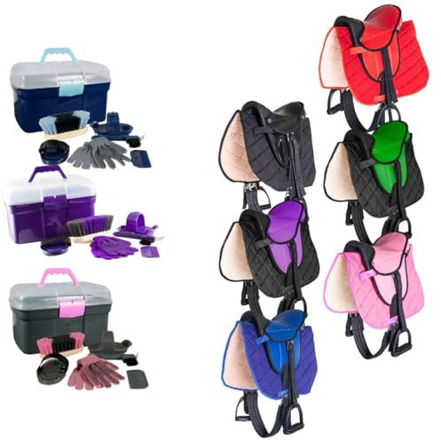 PFIFF 103123 Kinder Sattelset für Holzpferde, Reitset, Sattel und Putzbox für Spielpferde, Sattel Blau, Putzbox Blau